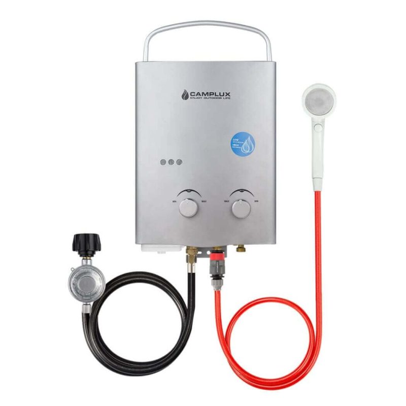 camplux propane water heater camplux 5l 1 32 gpm outdoor portable propane tankless water heater silver 41394027790549