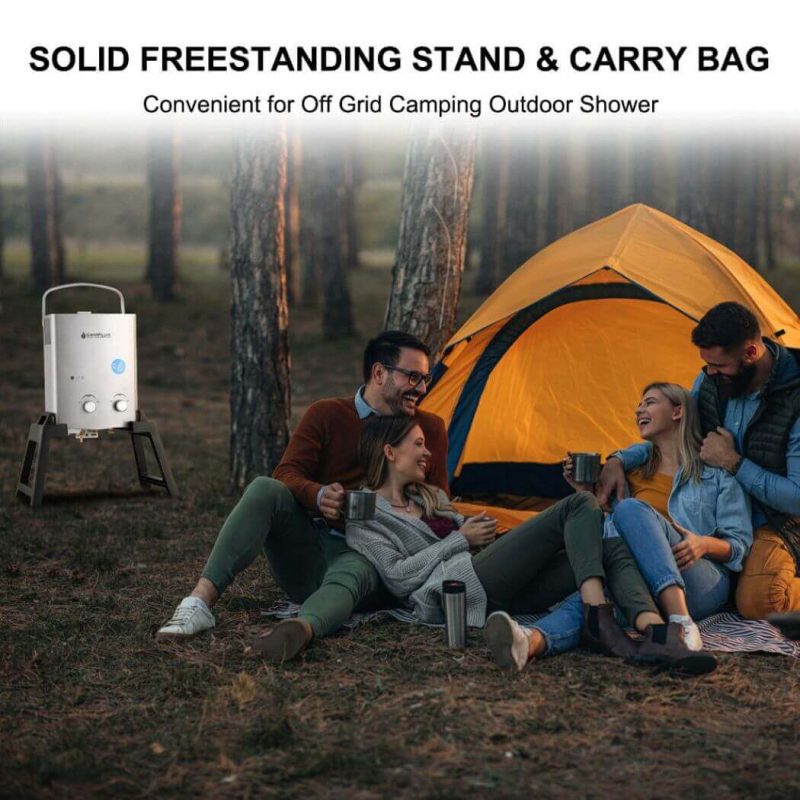 camplux propane water heater camplux outdoor portable water heater w stand storage bag silver 41394035589333