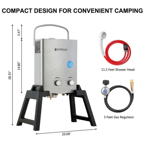 camplux propane water heater camplux outdoor portable water heater w stand storage bag silver 41394037915861