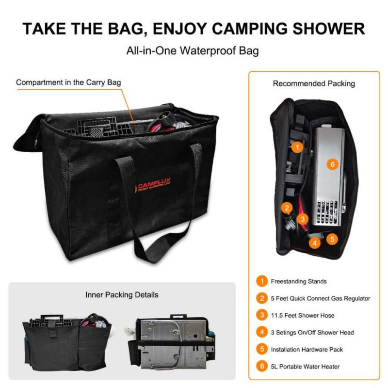 camplux propane water heater camplux outdoor portable water heater w stand storage bag silver 41394041258197