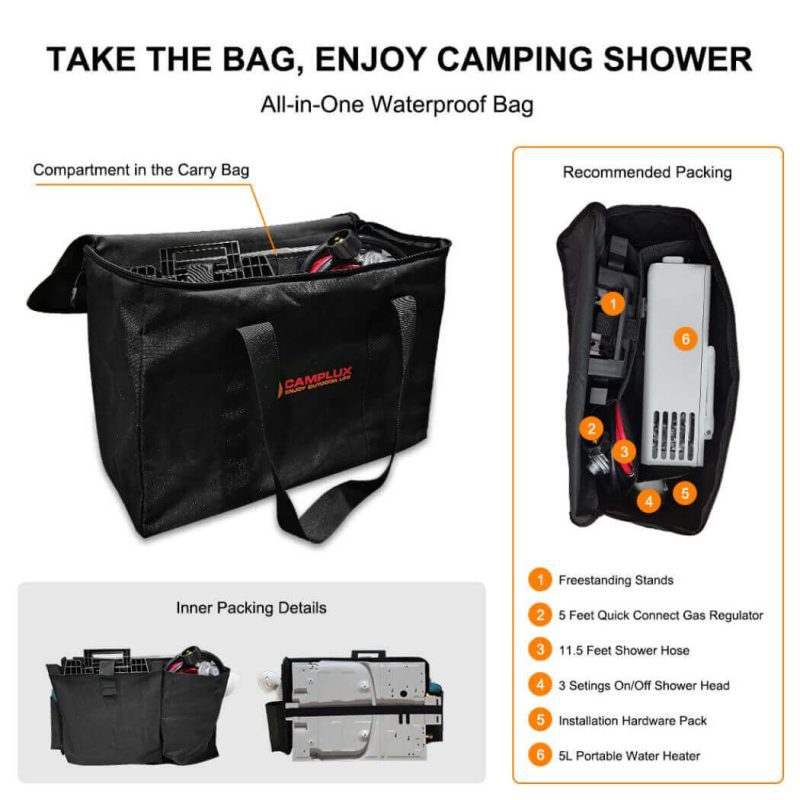 camplux propane water heater camplux outdoor portable water heater w stand storage bag white 41394039161045