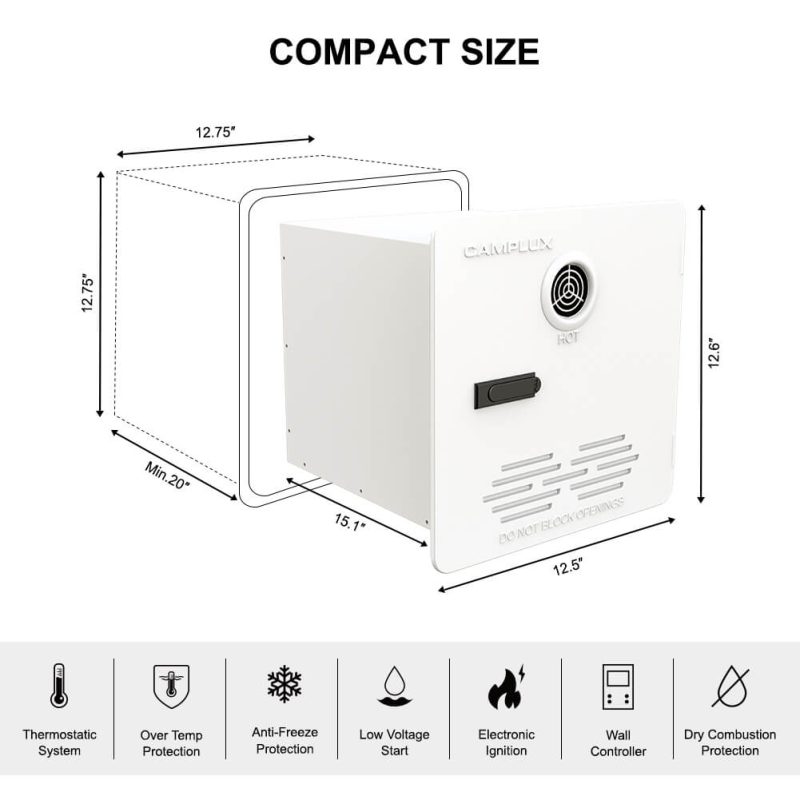 camplux propane water heater camplux pro 65 000 btu rv tankless water heater 2 64 gpm white 41394040733909