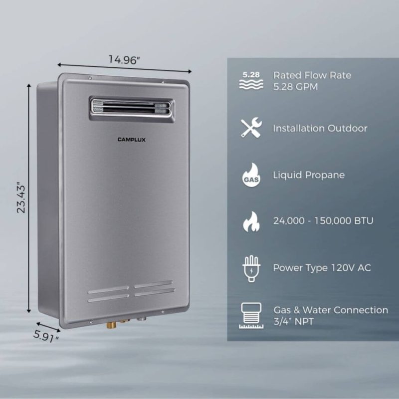 camplux propane water heater camplux whole home outdoor tankless hot water heater 5 28 gpm gray 41394044502229