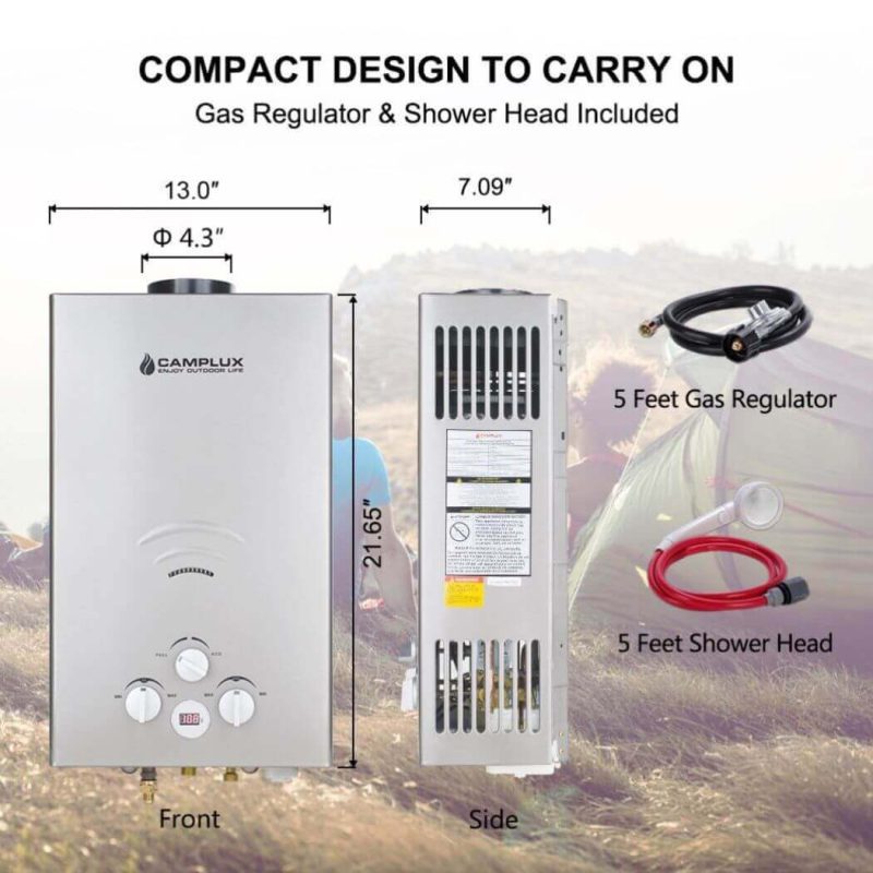 camplux propane water heater portable propane tankless water heater camplux 2 64 gpm on demand camping gas water heater gray 41394043191509