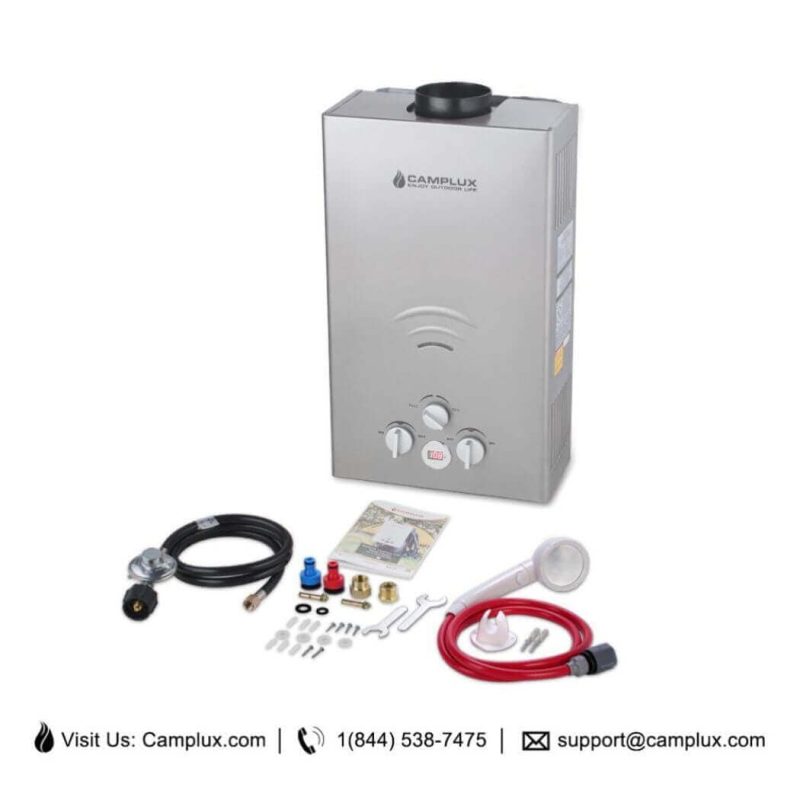 camplux propane water heater portable propane tankless water heater camplux 2 64 gpm on demand camping gas water heater gray 41394043617493