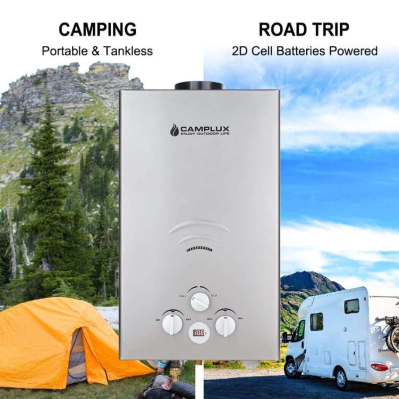 camplux propane water heater portable propane tankless water heater camplux 2 64 gpm on demand camping gas water heater gray 41394046140629