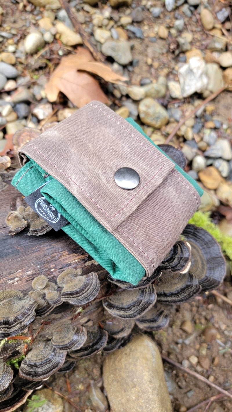 pnwbushcraft boxes bags brown and bright green rugged waxed canvas foraging bag hip pouch by pnwbushcraft 41355131027669