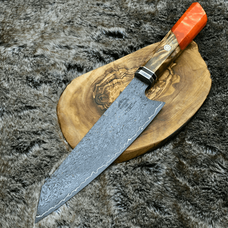 shokunin usa chef knife aurora vg10 damascus chef knife with exotic olive wood burl orange pearl resin handle 41588772241621