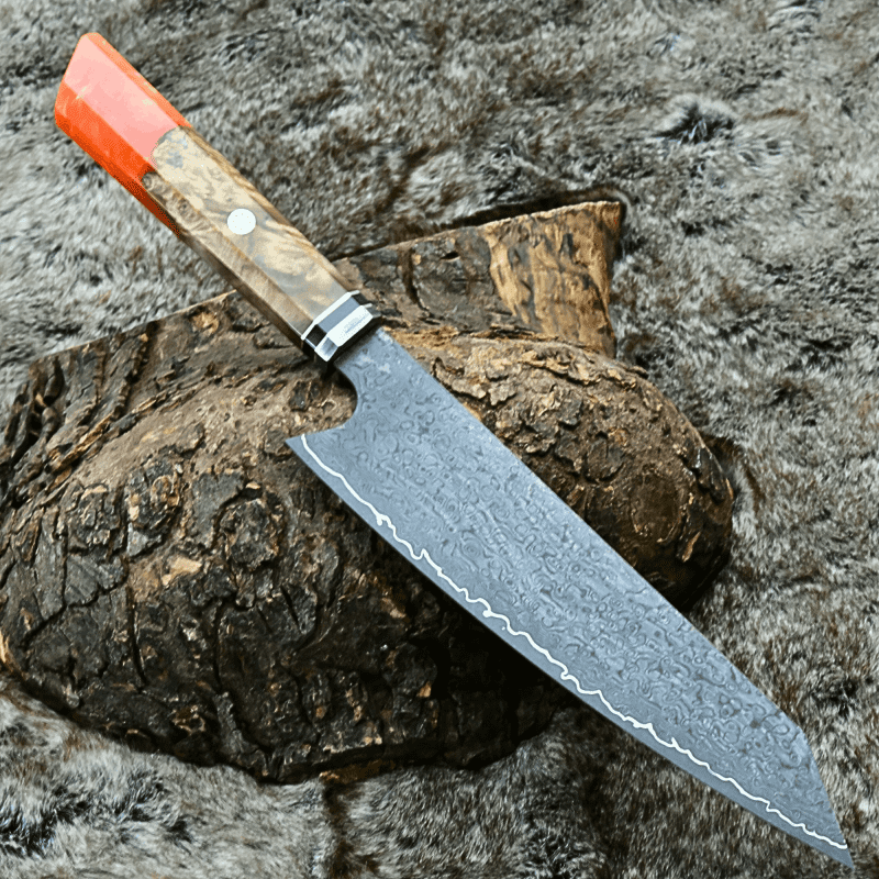 shokunin usa chef knife aurora vg10 damascus chef knife with exotic olive wood burl orange pearl resin handle 41588772798677