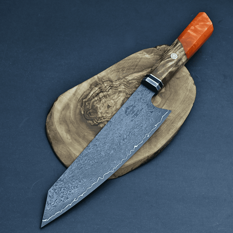 shokunin usa chef knife aurora vg10 damascus chef knife with exotic olive wood burl orange pearl resin handle 41588773060821