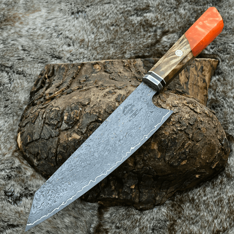 shokunin usa chef knife aurora vg10 damascus chef knife with exotic olive wood burl orange pearl resin handle 41588773224661