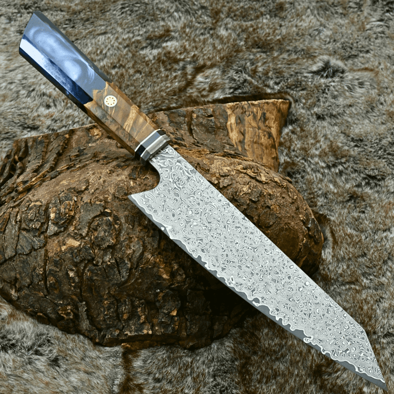 shokunin usa chef knife aurora vg10 damascus knife with olive wood burl black pearl resin handle 41588771455189