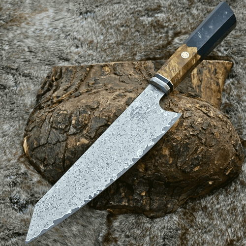 shokunin usa chef knife aurora vg10 damascus knife with olive wood burl black pearl resin handle 41588771487957