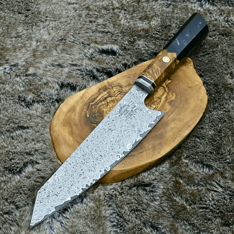 shokunin usa chef knife aurora vg10 damascus knife with olive wood burl black pearl resin handle 41588771520725