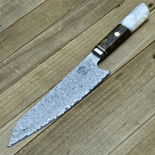 shokunin usa chef knife aurora vg10 damascus steel knife with exotic olive wood burl mother of pearl handle 41588769358037