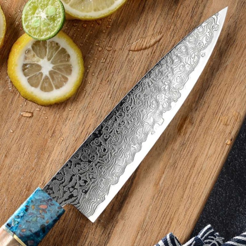 shokunin usa chef knife cascade damascus chef knife with exotic olive wood resin handle 41588760838357