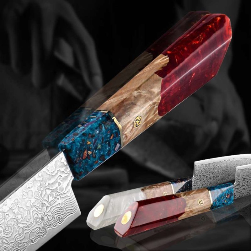 shokunin usa chef knife cascade damascus chef knife with exotic olive wood resin handle 41588765032661