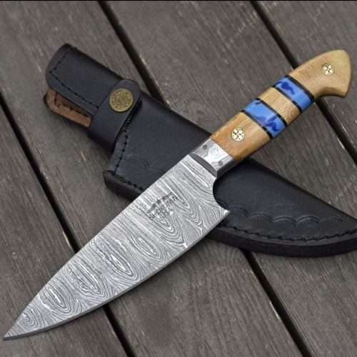 shokunin usa chef knife cobalt damascus chef knife with leopard wood and turquoise handle 41588761329877