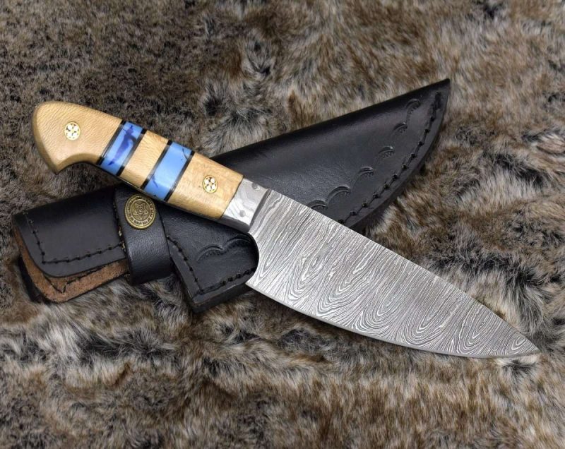 shokunin usa chef knife cobalt damascus chef knife with leopard wood and turquoise handle 41588762345685