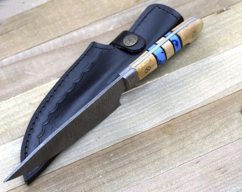 shokunin usa chef knife cobalt damascus chef knife with leopard wood and turquoise handle 41588762443989