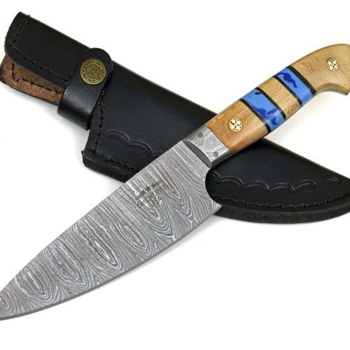 shokunin usa chef knife cobalt damascus chef knife with leopard wood and turquoise handle 41588762804437