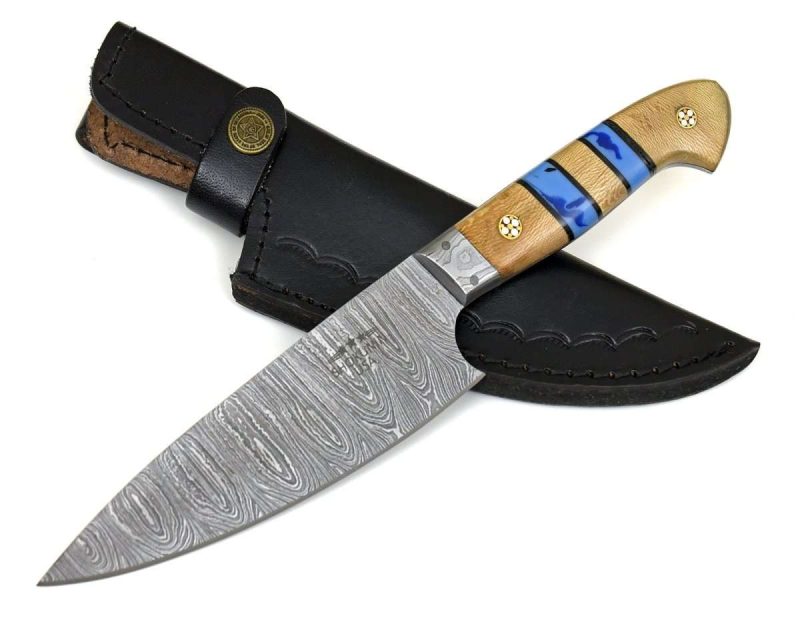 shokunin usa chef knife cobalt damascus chef knife with leopard wood and turquoise handle 41588762804437