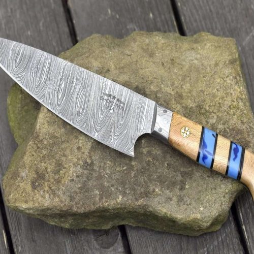 shokunin usa chef knife cobalt damascus chef knife with leopard wood and turquoise handle 41588763099349