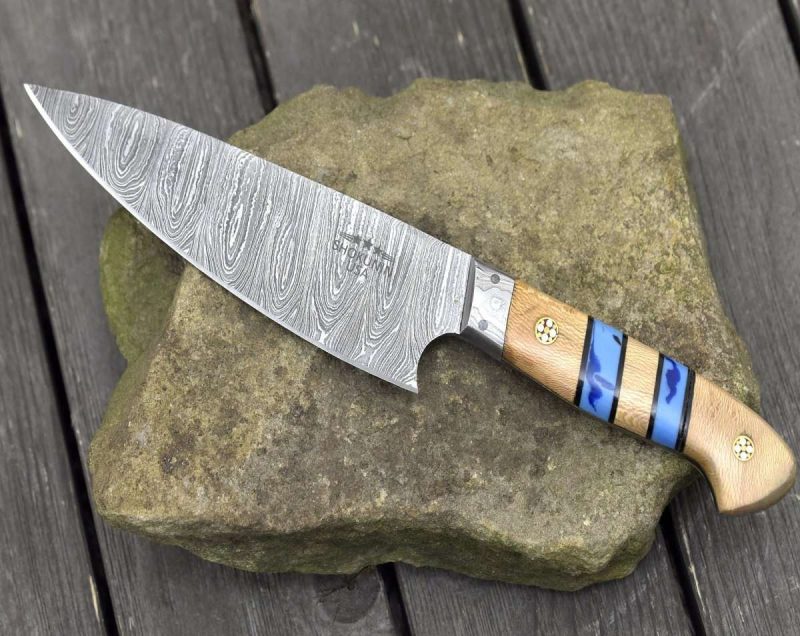 shokunin usa chef knife cobalt damascus chef knife with leopard wood and turquoise handle 41588763099349