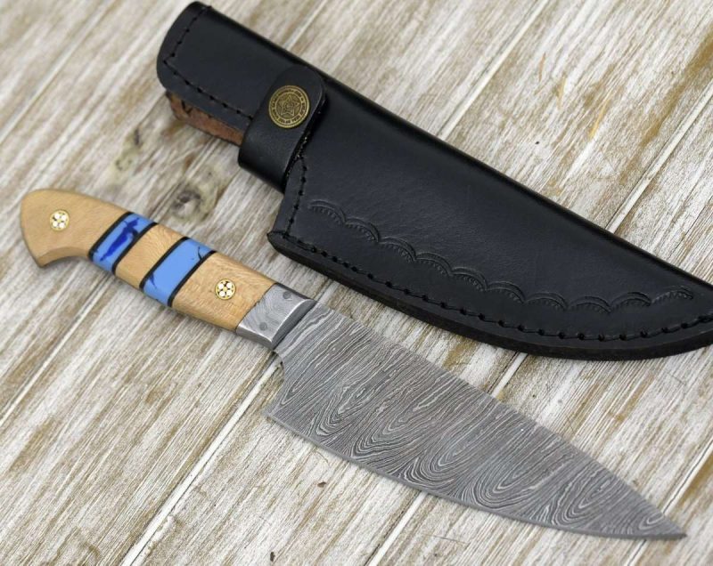 shokunin usa chef knife cobalt damascus chef knife with leopard wood and turquoise handle 41588763558101