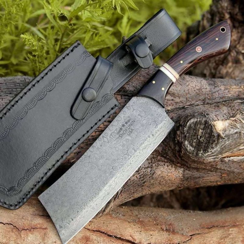 shokunin usa chef knife ember damascus cleaver knife with bone exotic wenge wood handle 41588782989525