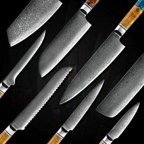 shokunin usa chef knife set classic professional vg10 8 pcs damascus knife set with exotic olive burl wood resin handle 41588761854165