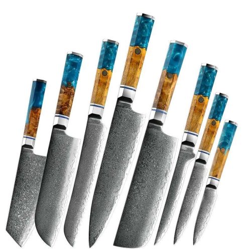 shokunin usa chef knife set classic professional vg10 8 pcs damascus knife set with exotic olive burl wood resin handle 41588767359189