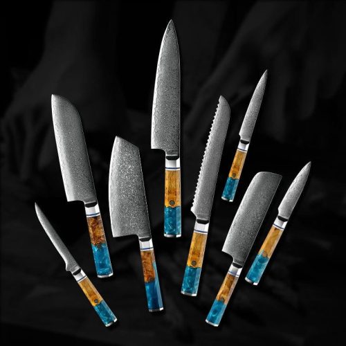 shokunin usa chef knife set classic professional vg10 8 pcs damascus knife set with exotic olive burl wood resin handle 41588770406613