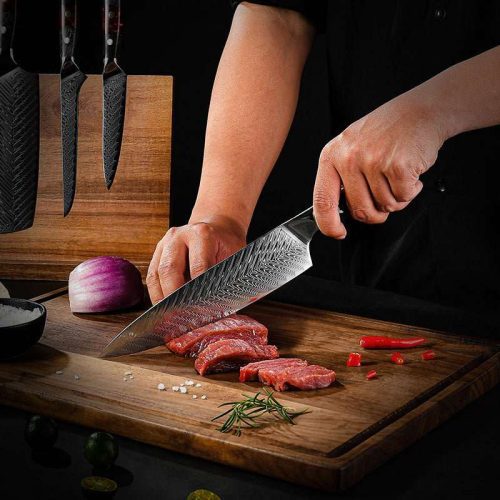 shokunin usa chef knife set complete 8 pcs set supreme vg10 8 pc professional chef knife set with stained olive wood handle sheath 41588790558933