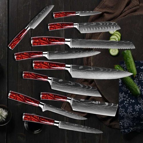 shokunin usa chef knife set fujin 10 pcs handmade chef s knife damascus pattern hc steel chef s set with sheath 41588782334165