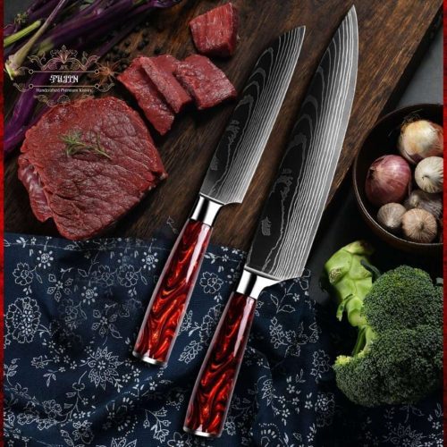 shokunin usa chef knife set fujin 10 pcs handmade chef s knife damascus pattern hc steel chef s set with sheath 41588784627925