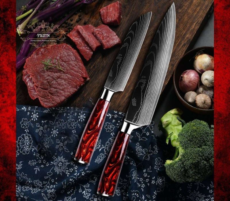 shokunin usa chef knife set fujin 10 pcs handmade chef s knife damascus pattern hc steel chef s set with sheath 41588784627925