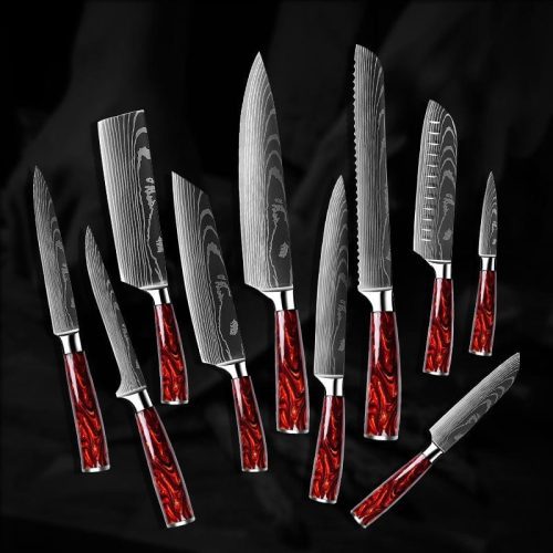 shokunin usa chef knife set fujin 10 pcs handmade chef s knife damascus pattern hc steel chef s set with sheath 41588791115989