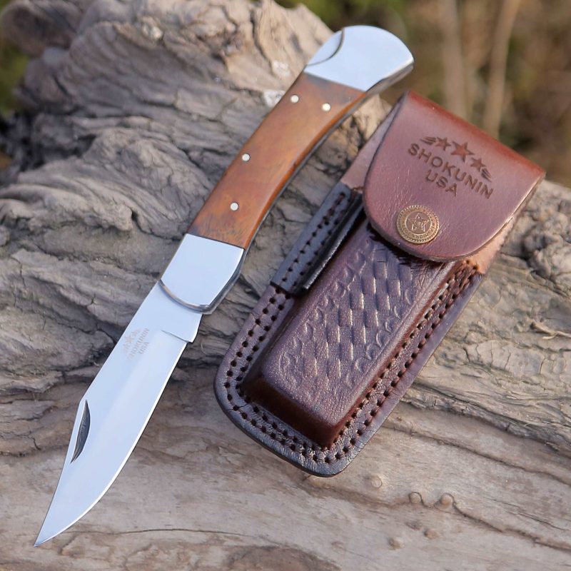 shokunin usa damascus knife buck pocket knife engraved with exotic rose wood handle 41588764213461