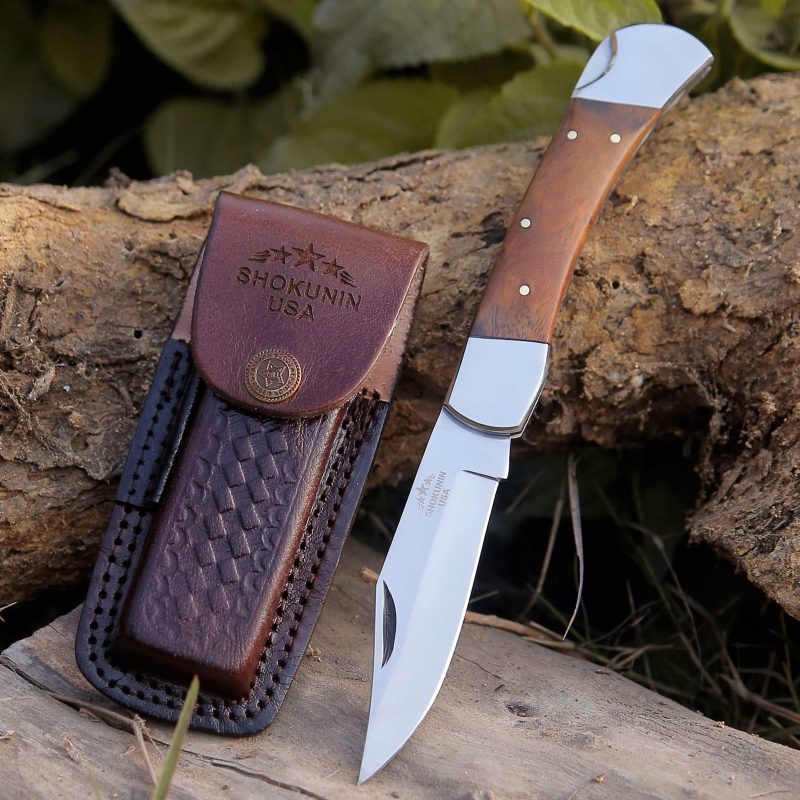 shokunin usa damascus knife buck pocket knife engraved with exotic rose wood handle 41588768899285