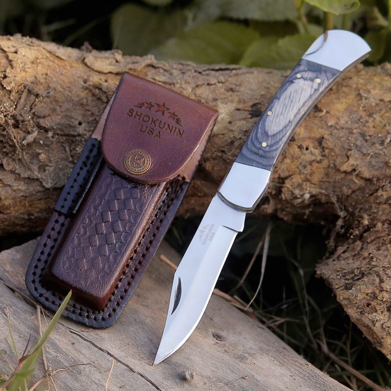 shokunin usa damascus knife buck pocket knife with diamond wood handle 41588766933205