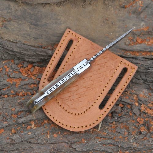 shokunin usa damascus knife damascus pocket knife with exotic ram horn handle leather sheath 41588763197653