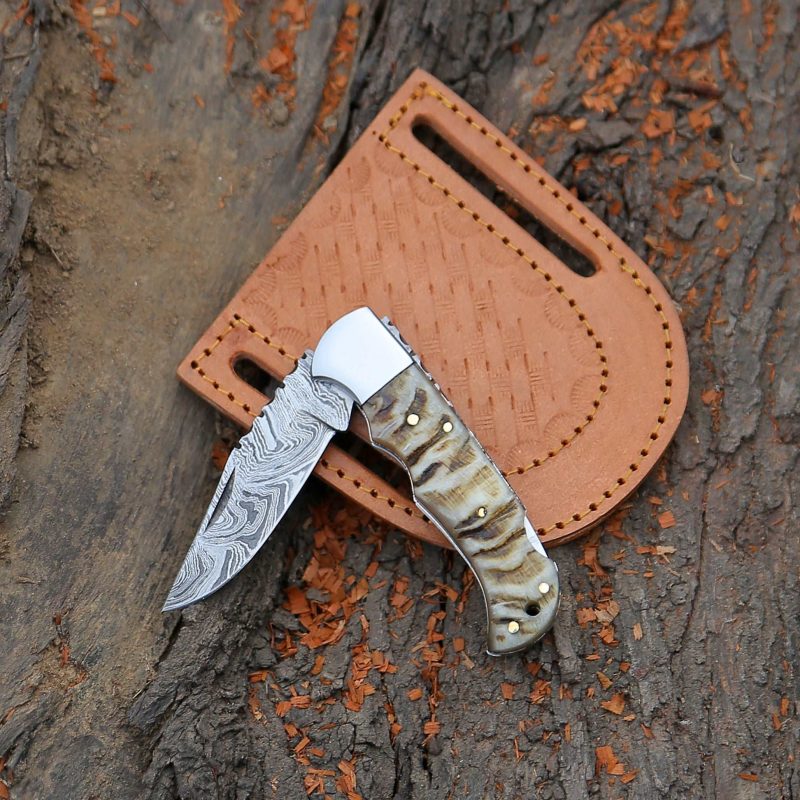 shokunin usa damascus knife damascus pocket knife with exotic ram horn handle leather sheath 41588767523029