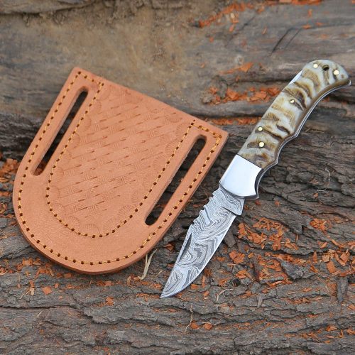 shokunin usa damascus knife damascus pocket knife with exotic ram horn handle leather sheath 41588768833749