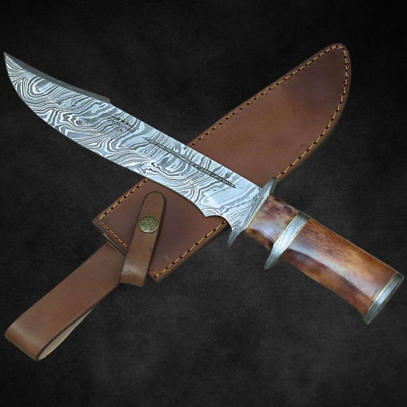 shokunin usa damascus knife empyrean bowie knife with bone handle sheath 41588780007637