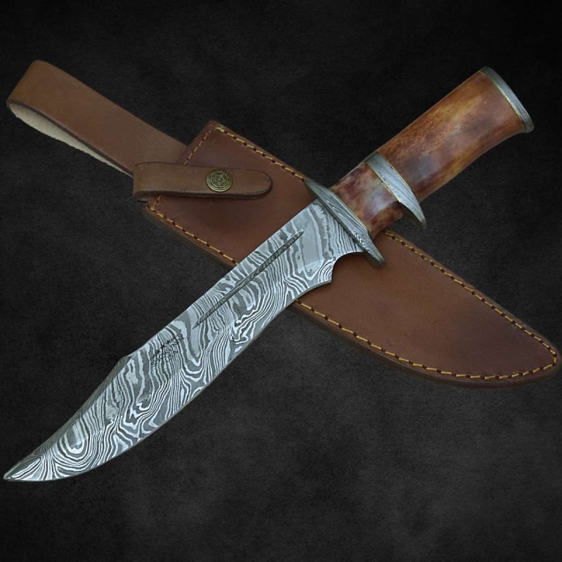 shokunin usa damascus knife empyrean bowie knife with bone handle sheath 41588780237013