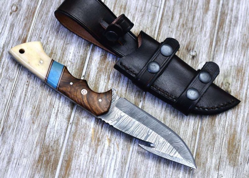 shokunin usa damascus knife gravity damascus gut hook hunting knife with exotic rose wood and bone handle 41588783874261