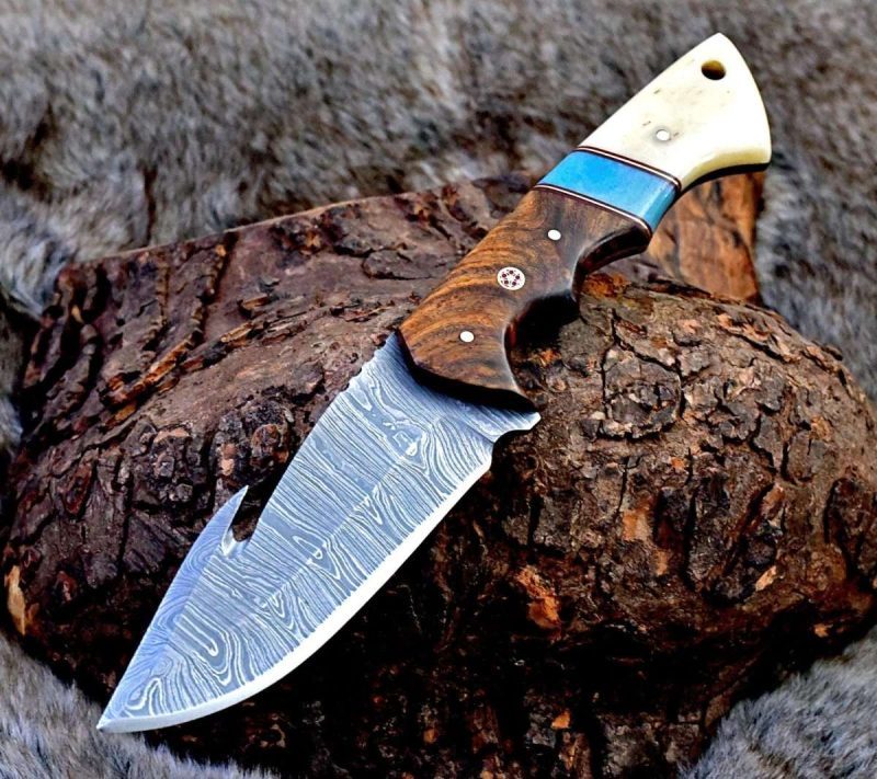 shokunin usa damascus knife gravity damascus gut hook hunting knife with exotic rose wood and bone handle 41588784234709