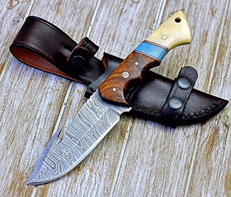 shokunin usa damascus knife gravity damascus gut hook hunting knife with exotic rose wood and bone handle 41588784562389