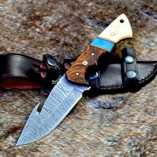 shokunin usa damascus knife gravity damascus gut hook hunting knife with exotic rose wood and bone handle 41588792426709